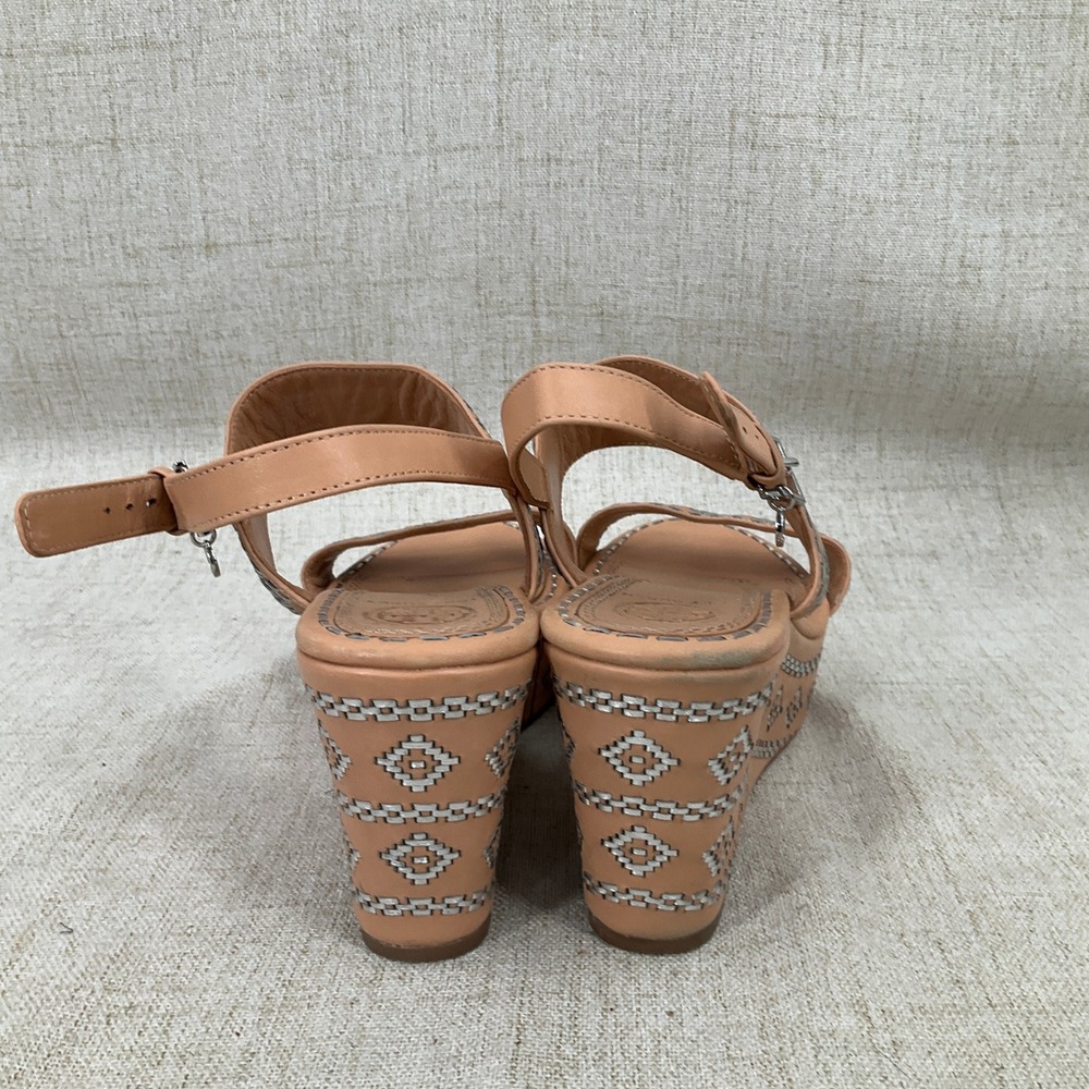 Tory Burch Reena Wedge Sandals Womens 9M Tan Leather Embroidered Platform - Picture 3 of 8